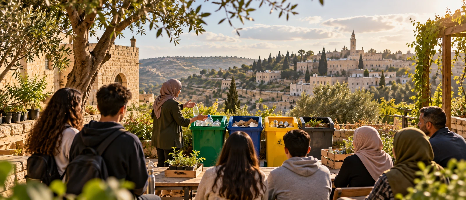 People walking beside recycling bins in a Jerusalem neighborhood.