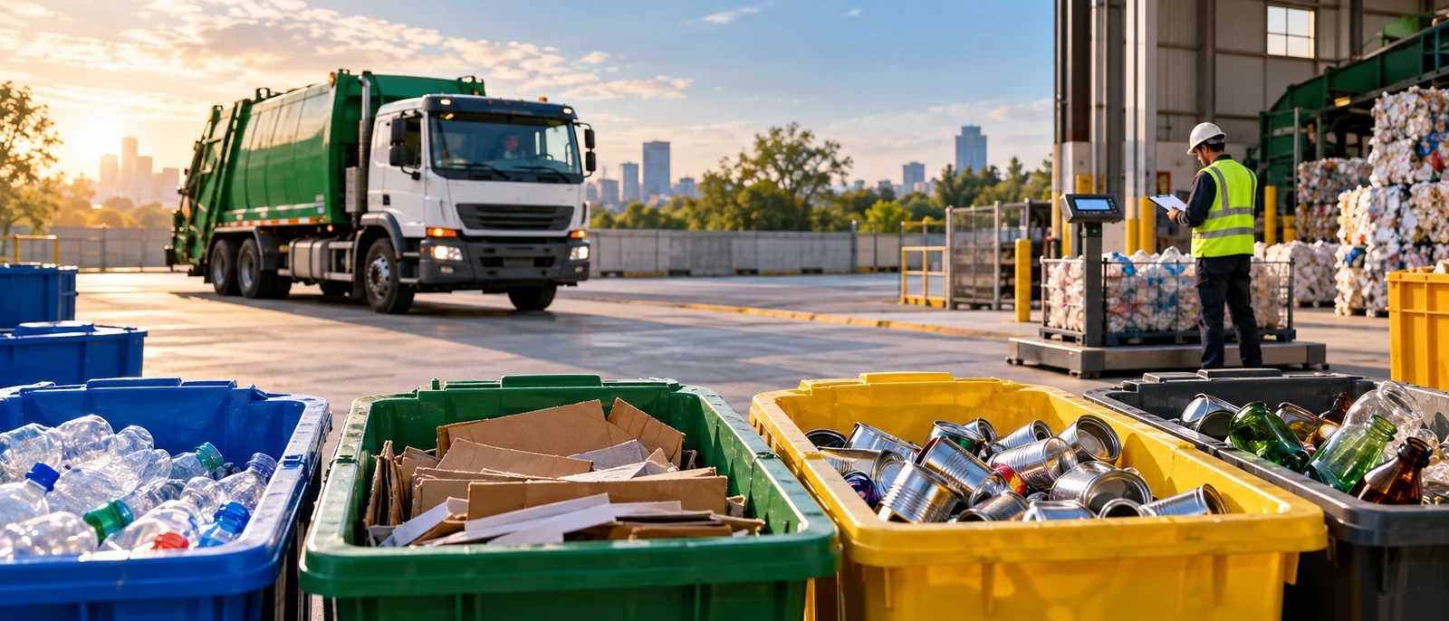 Recycling collection truck beside sorted materials at a processing facility.