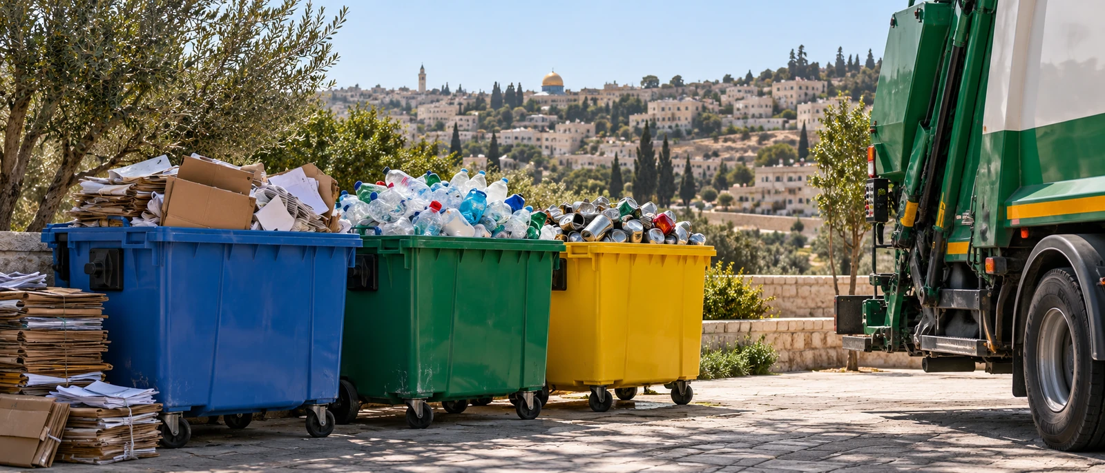 Sorted paper, cardboard and plastic beside a recycling collection truck.
